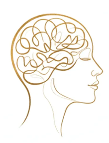 Goudkleurige line-art illustratie van een vrouwelijk profiel met abstracte hersenlijnen en bladeren, symbool voor bewustwording van gedachten en de ingang Denken binnen The Art of Self.Love (TAOSL).