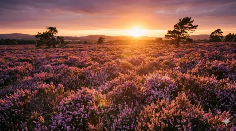 heide in zonsondergang als symbool voor het leven voelen en je levensenergie ervaren