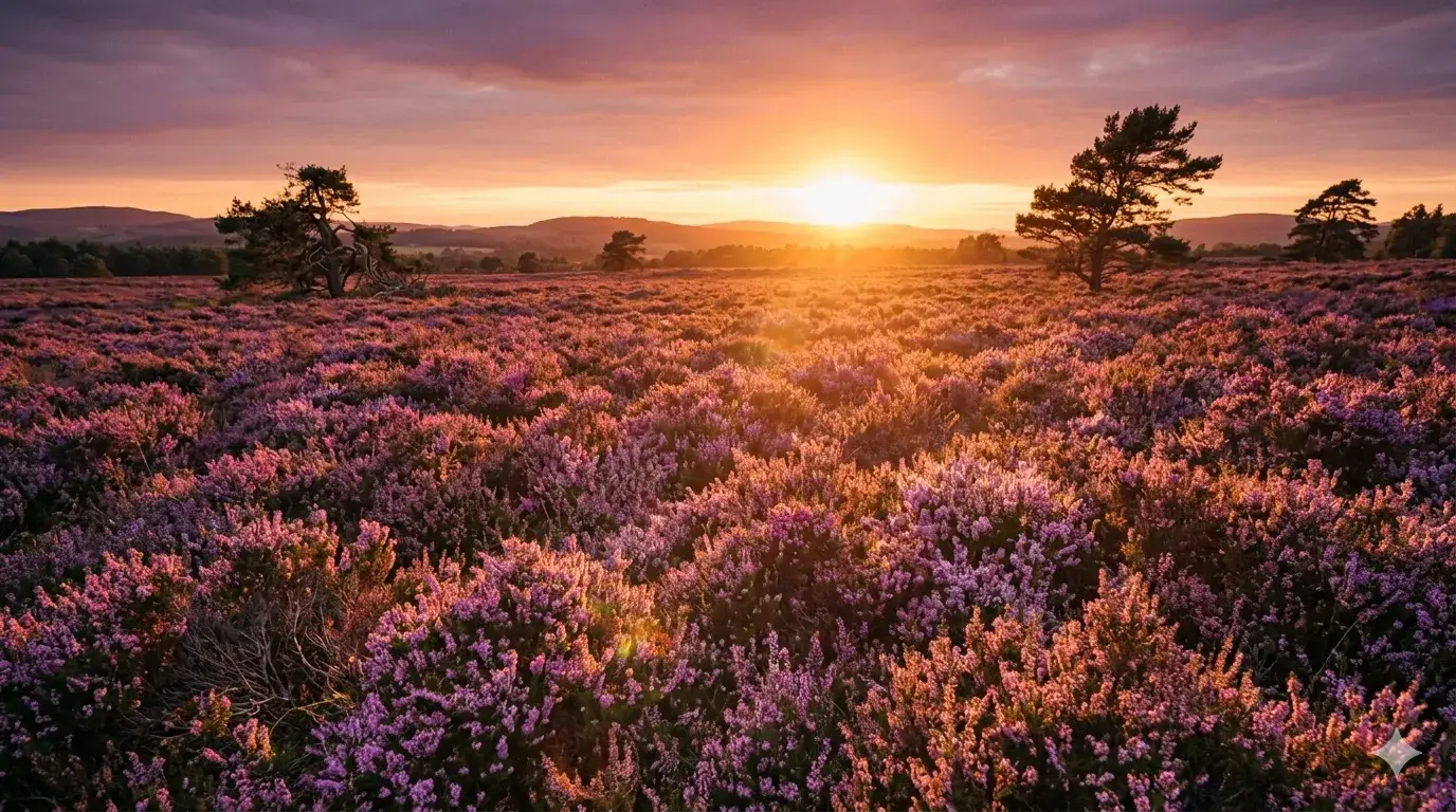 heide in zonsondergang als symbool voor het leven voelen en je levensenergie ervaren