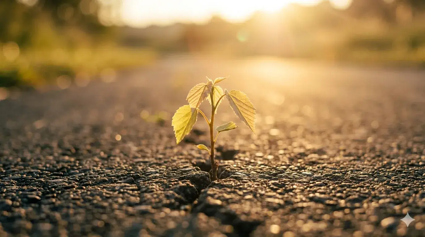 jong plantje dat door asfalt groeit als symbool voor patronen doorbreken en loskomen van conditionering