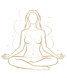Lijntekening van een vrouw in meditatiehouding met focus op lichaam en energie