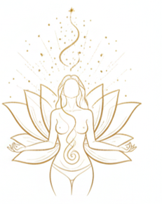Vrouw in verbinding met haar lichaam, met stromende energie en een open lotus achter haar