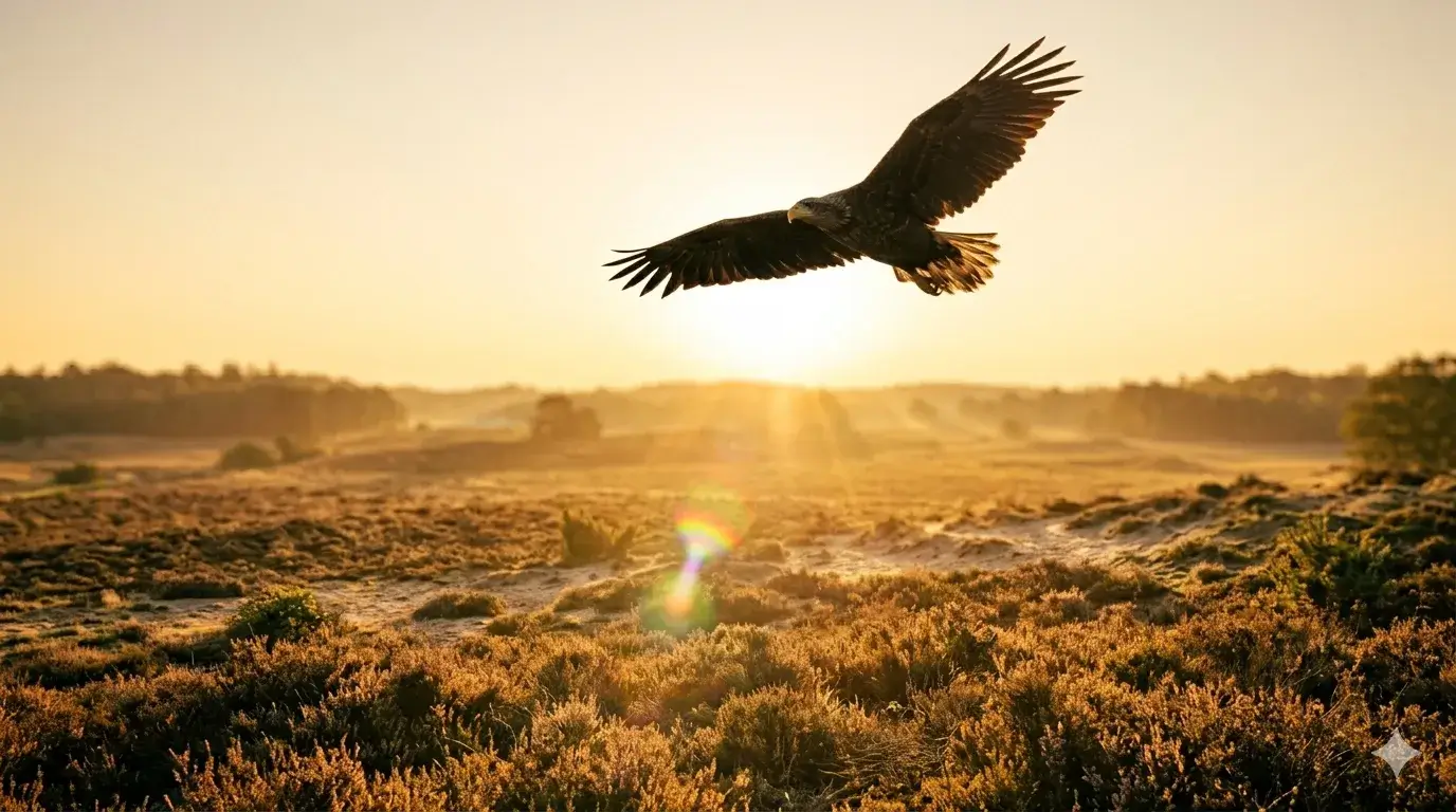 vogel in vlucht bij zonsondergang als symbool voor buiten je comfortzone gaan en spanning opzoeken