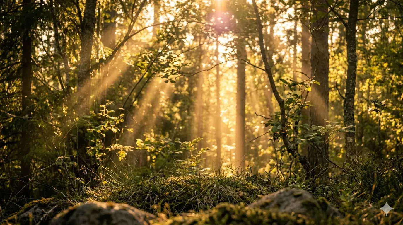 zonnestralen in het bos als symbool voor in contact zijn en de verbinding verdiepen