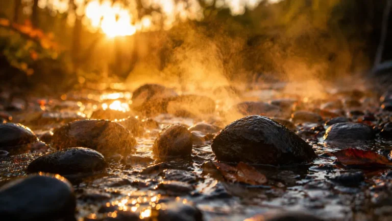 stenen in warm mistig licht bij een stromende rivier als metafoor voor schaamte voor jezelf