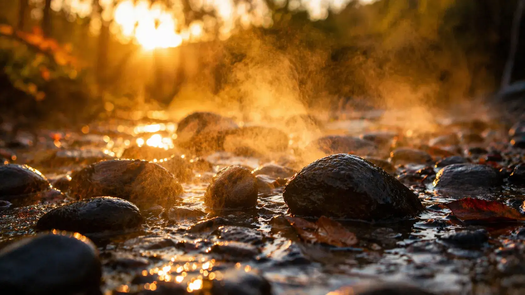 stenen in warm mistig licht bij een stromende rivier als metafoor voor schaamte voor jezelf