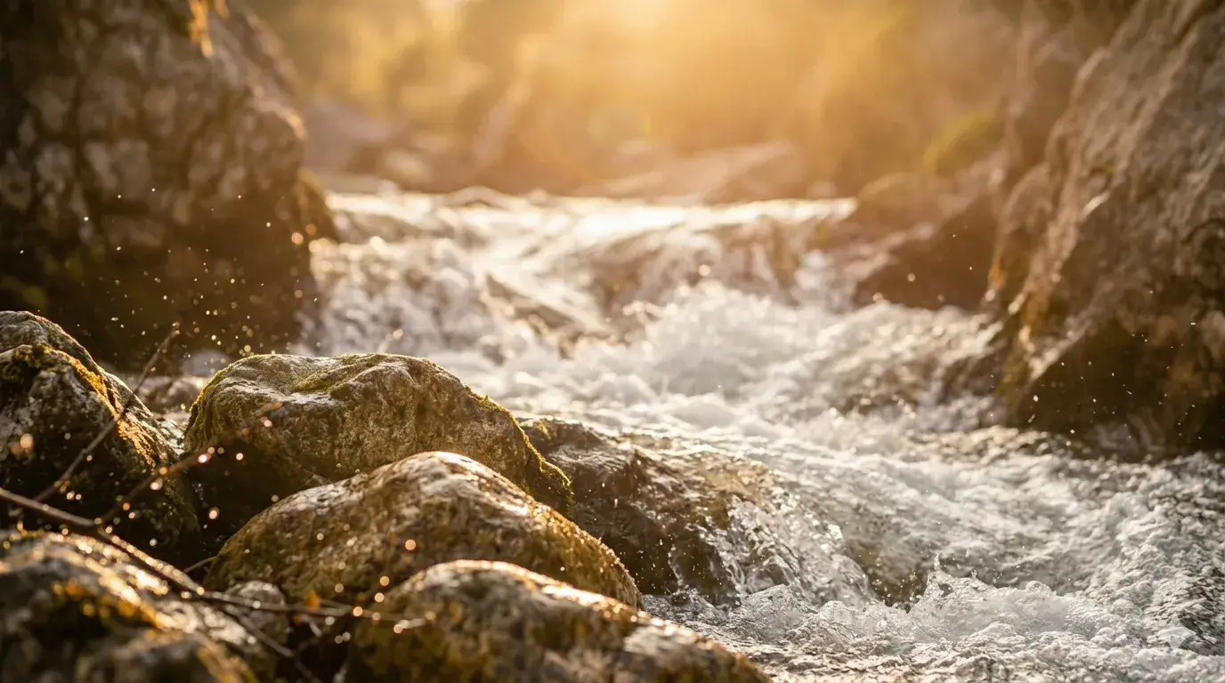 stromend water over ruwe stenen in warm licht als metafoor voor zelfkritiek
