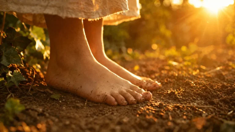 Blote voeten op aarde in warm zonlicht, symbool voor aarding, aanwezigheid en verbinding met jezelf