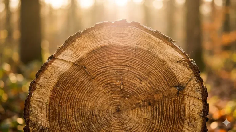 Boomstamdoorsnede in zacht zonlicht, symbool voor lagen, diepgang en verbinding met jezelf
