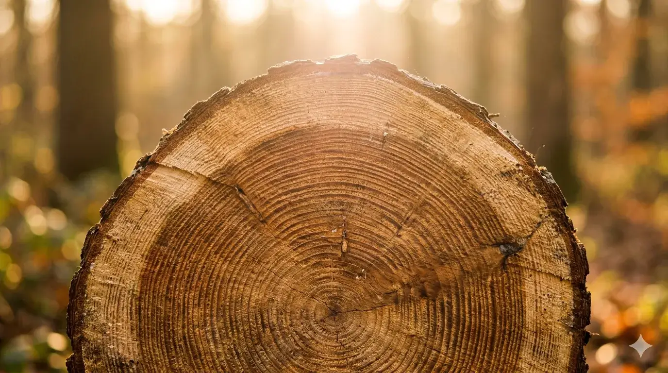Boomstamdoorsnede in zacht zonlicht, symbool voor lagen, diepgang en verbinding met jezelf