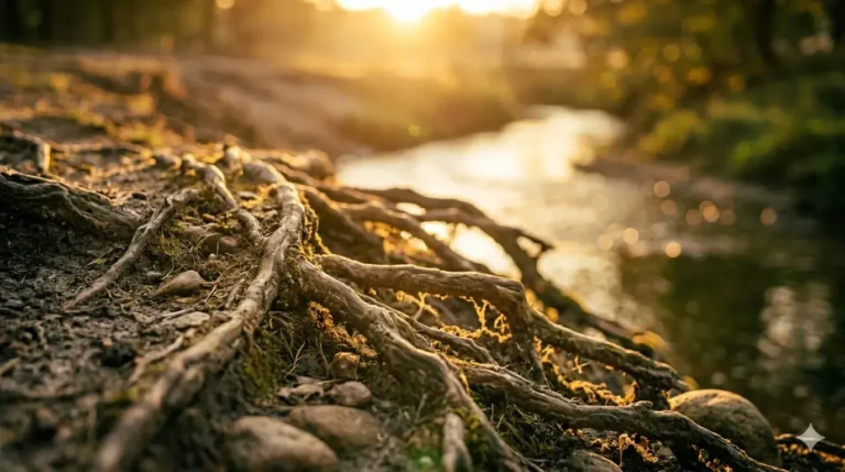 Boomwortels langs water in warm zonlicht, symbool voor verbinding, aarding en contact met je lichaam