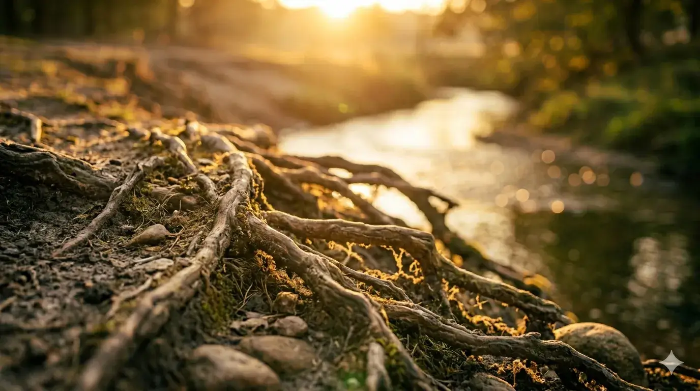 Boomwortels langs water in warm zonlicht, symbool voor verbinding, aarding en contact met je lichaam