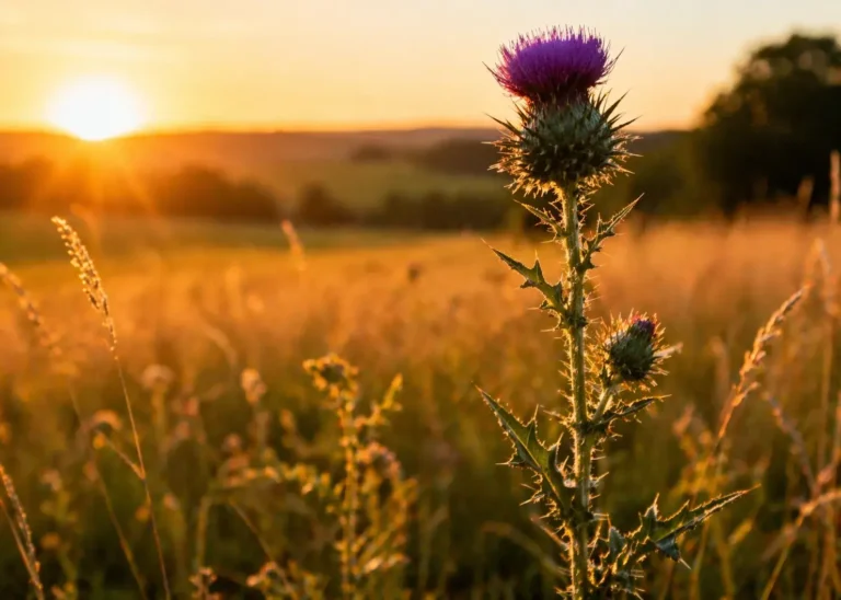 distel in een veld bij zonsondergang als metafoor voor terugvallen in oud gedrag