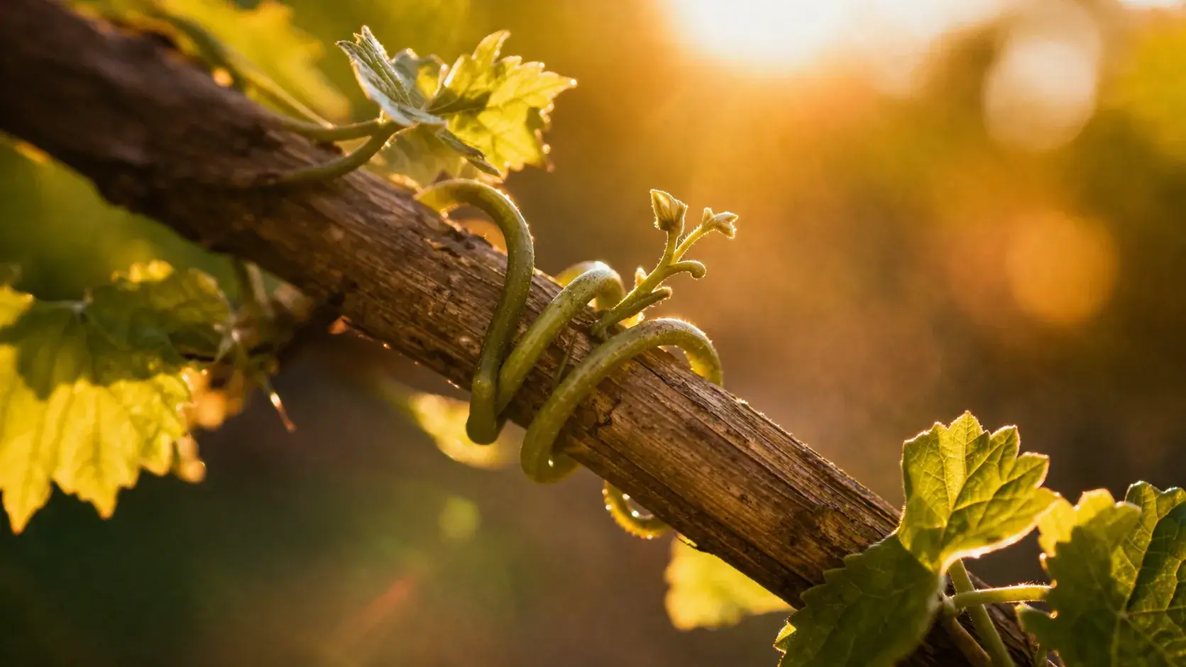 Groene rank om een tak in warm zonlicht, symbool voor vertrouwen en waarom je twijfelt aan wat je lichaam aangeeft