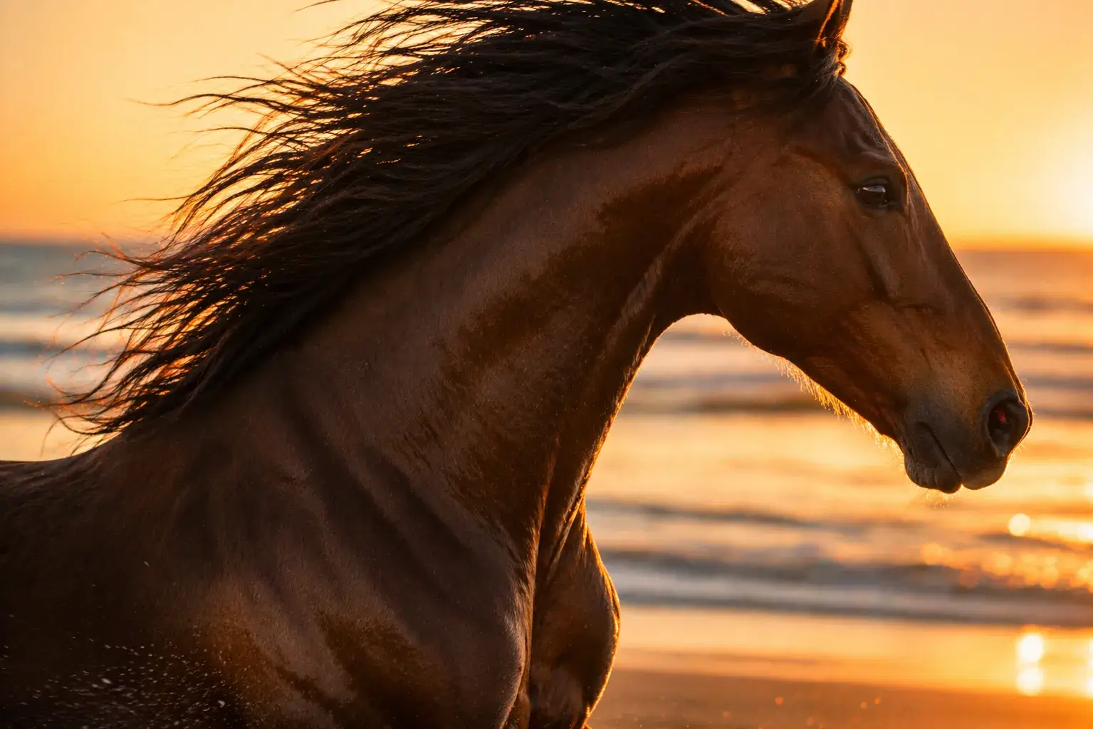 Paard in warm zonlicht op het strand, symbool voor vrijheid en loslaten van controle
