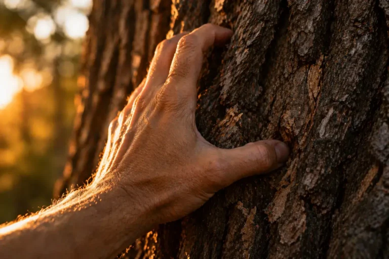 Hand die boomschors vastpakt, symbool voor jezelf weer voelen in plaats van je aanpassen