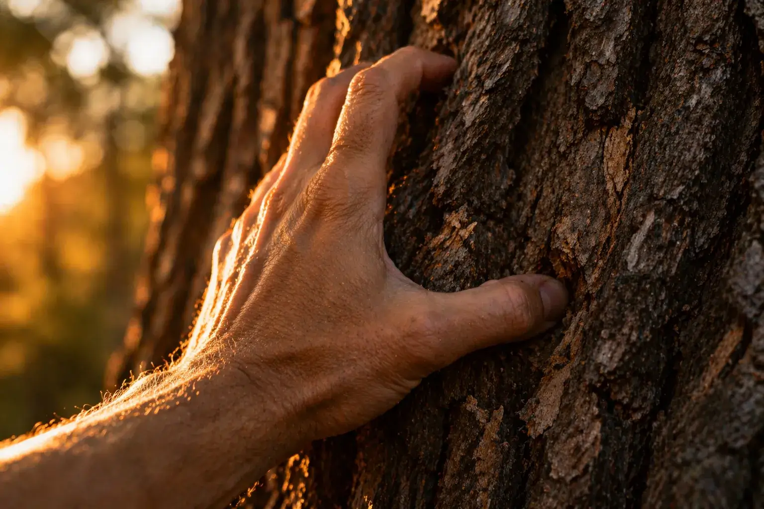 Hand die boomschors vastpakt, symbool voor jezelf weer voelen in plaats van je aanpassen