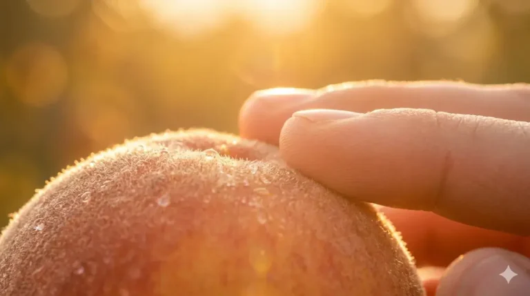 Hand die een perzik aanraakt in warm licht, symbool voor voelen wat je zelf wilt