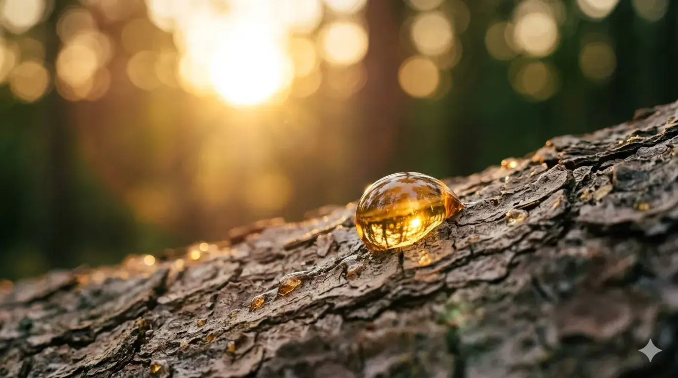 Druppel hars op boomschors in warm licht, symbool voor kwetsbaarheid en trouw blijven aan jezelf