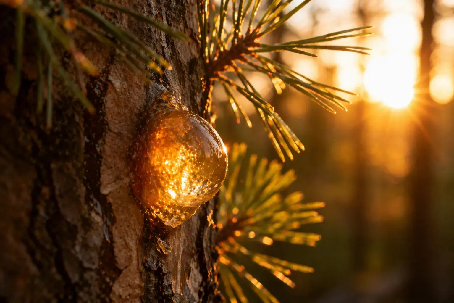 Zonlicht dat door dennennaalden schijnt met warme gloed en zachte focus