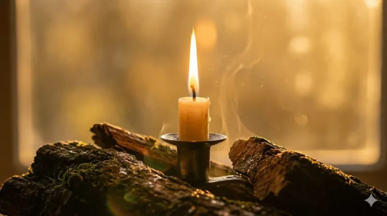 kaars in boslicht op boomstam als symbool voor afgestompt voelen
