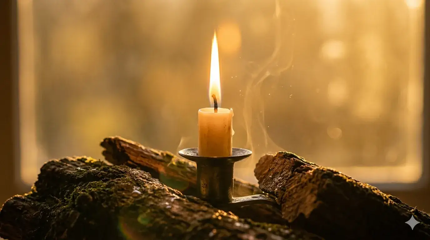 kaars in boslicht op boomstam als symbool voor afgestompt voelen