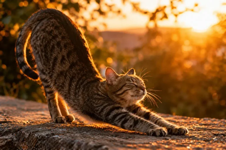 Kat strekt zich uit in de zon, symbool voor ontspanning en luisteren naar je lichaam