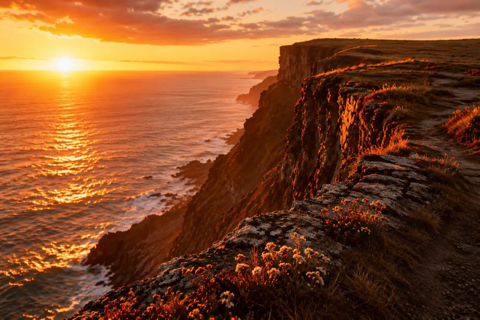 Zonsondergang aan zee bij kliffen, symbool voor rust en ervaren zonder doel