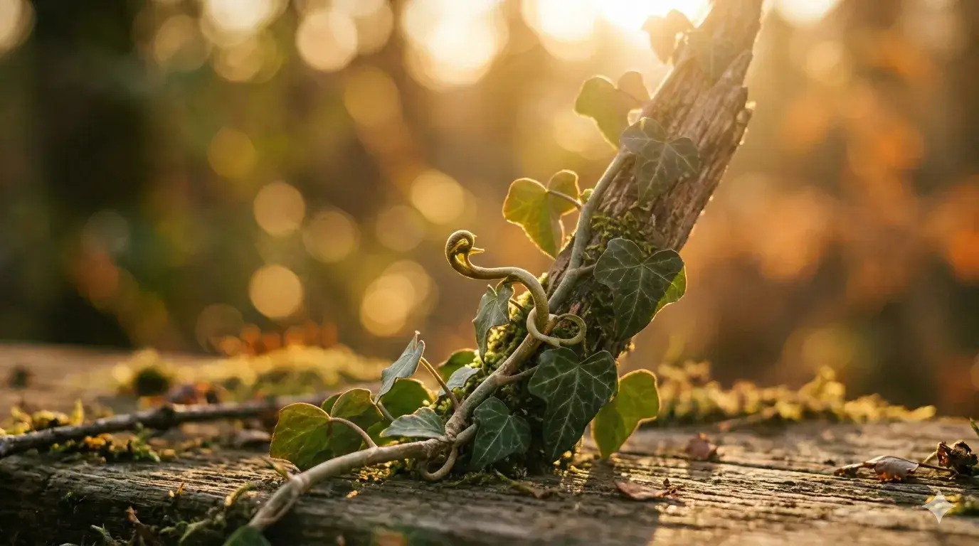 Jonge groene scheut groeit uit een tak in warm zonlicht, symbool voor groei, ontwikkeling en het zetten van een eerste stap