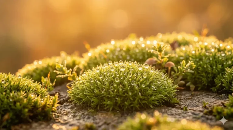 Mos in warm zonlicht als beeld voor vertragen en meer voelen via je zintuigen
