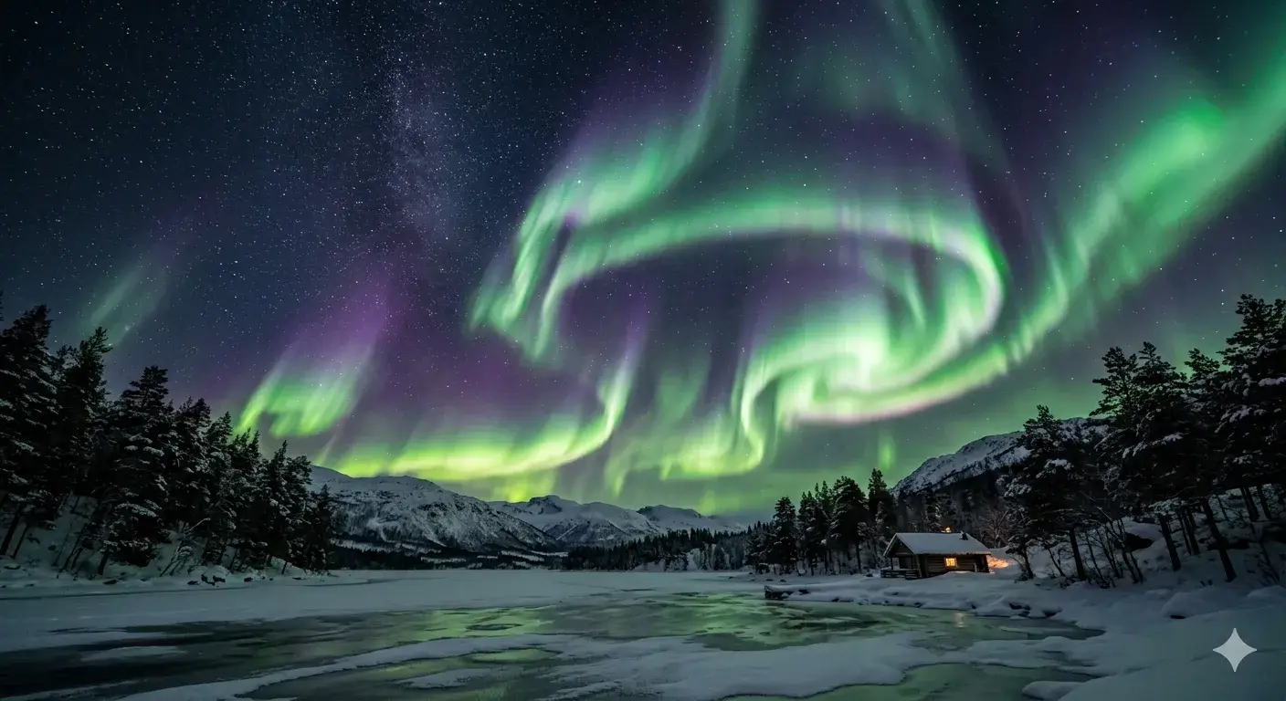 Noorderlicht boven een stil landschap met bergen en water, symbool voor innerlijke beweging en spanning die zichtbaar wordt
