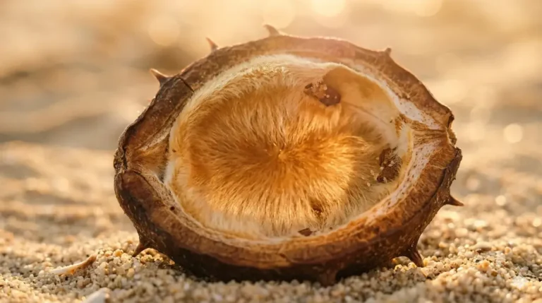 Geopende kastanje op het strand als symbool voor loslaten, ruimte en overgave