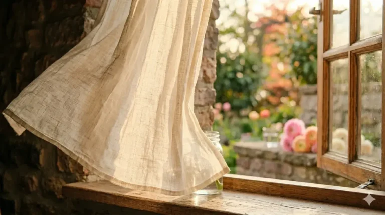 Zachte gordijnen die bewegen in het licht bij een open raam, symbool voor subtiele energie en rustige beweging in het lichaam