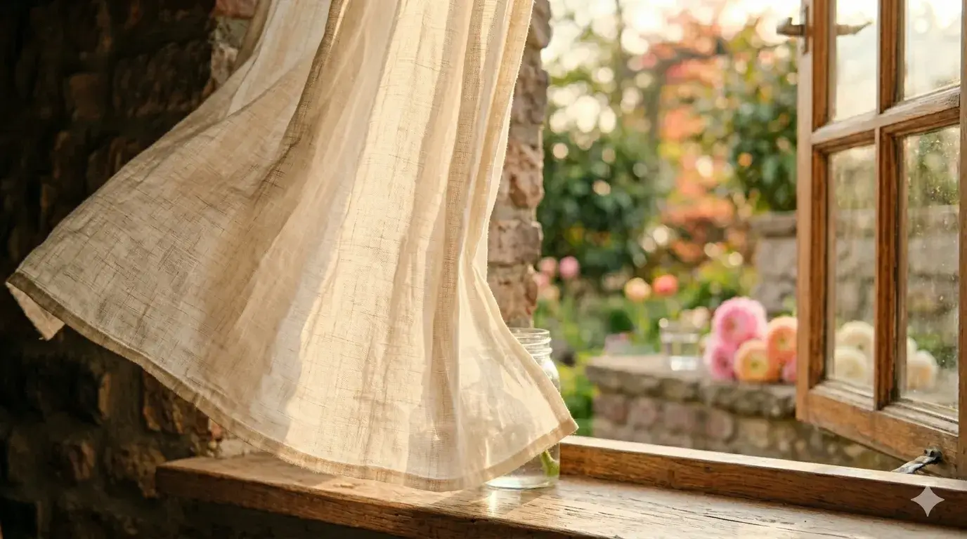Zachte gordijnen die bewegen in het licht bij een open raam, symbool voor subtiele energie en rustige beweging in het lichaam