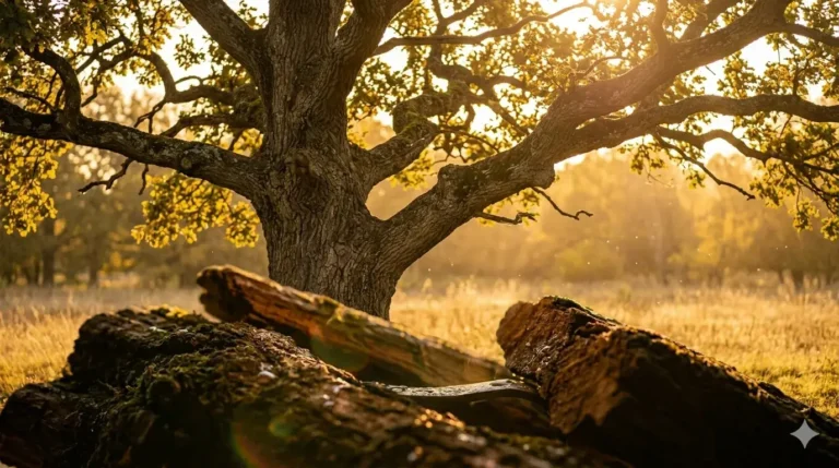 Grote boom in warm zonlicht als symbool voor vertrouwen, rust en loslaten