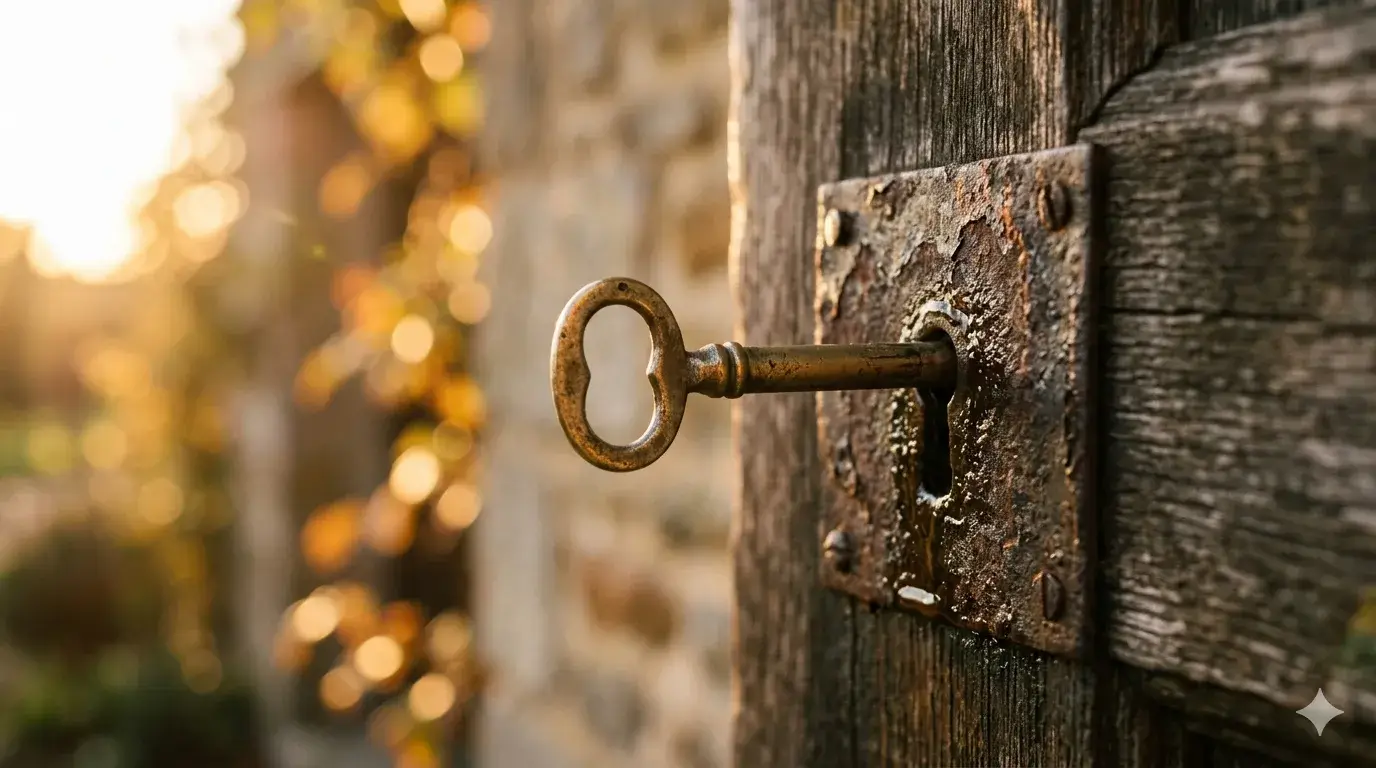 Oude sleutel in houten deur in warm zonlicht, symbool voor toegang tot innerlijke rust en bewustzijn
