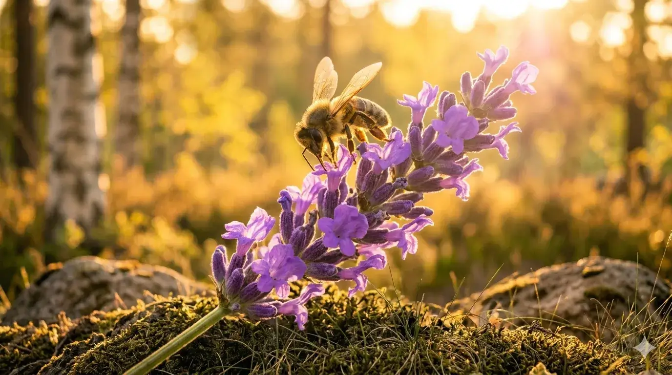 Paarse bloemen in warm zonlicht in de natuur, symbool voor herstellende energie en subtiele levendigheid in het lichaam