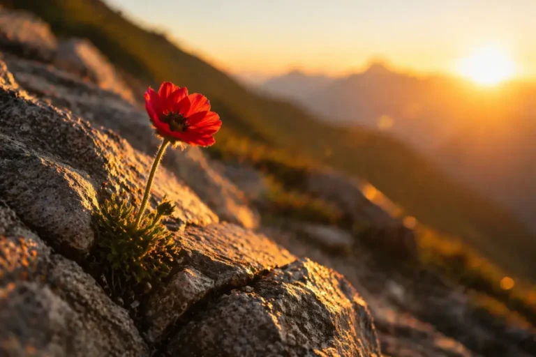 rode bloem tussen rotsen in warm zonlicht als metafoor voor waarom je aan jezelf twijfelt