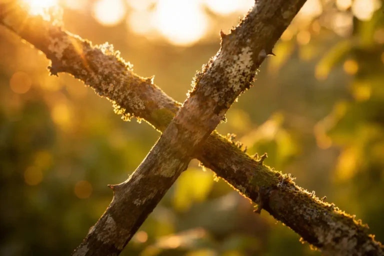 Twee takken die elkaar kruisen in warm zonlicht, symbool voor aandacht die verschuift tussen moment en gedachten