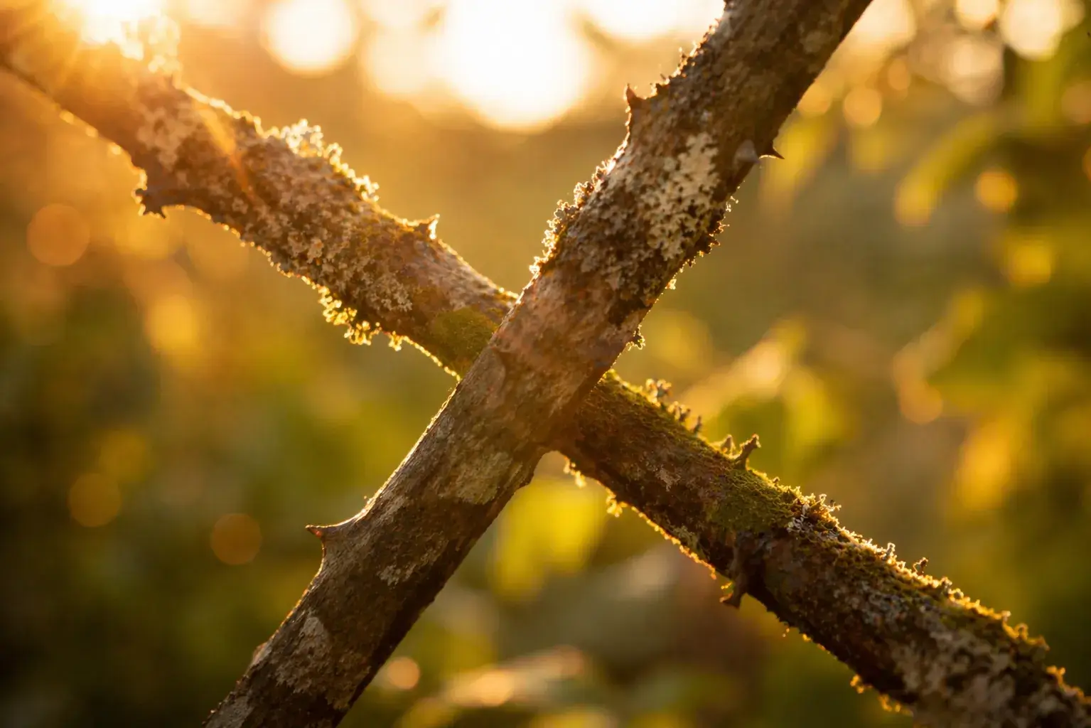 Twee takken die elkaar kruisen in warm zonlicht, symbool voor aandacht die verschuift tussen moment en gedachten