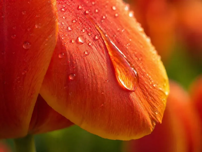 Close-up van een oranje bloemblad met dauwdruppel in warm zonlicht, waarin fijne details en nuances zichtbaar worden wanneer je aandacht vertraagt
