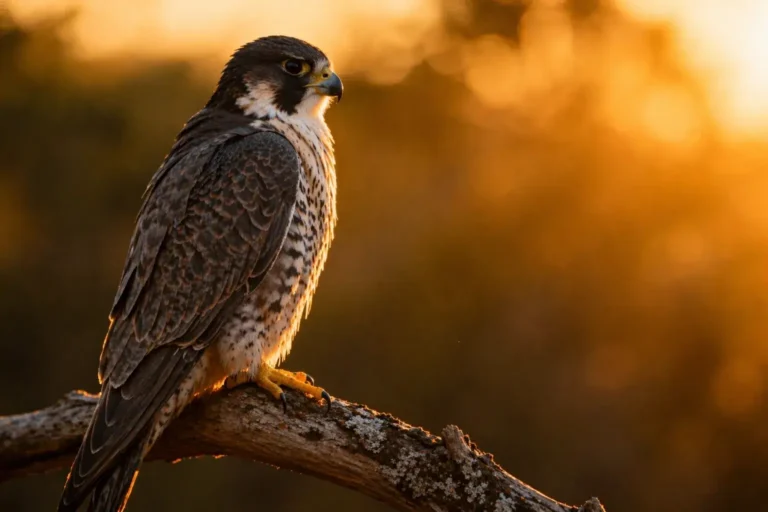 Valk zittend op tak in warm licht, symbool voor kracht en jezelf weer op de eerste plek zetten