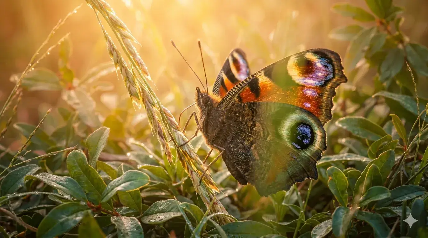 Vlinder met oogvlekken op de vleugels in het gras bij warm zonlicht, symbool voor subtiele levensenergie en het opnieuw voelen van verbinding met jezelf