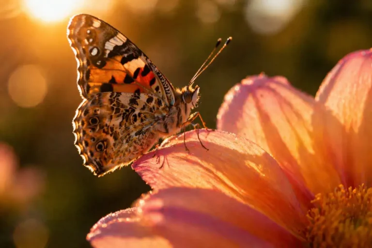 Vlinder op een bloem in warm zonlicht, symbool voor transformatie, gevoeligheid en het toelaten van nieuwe ervaringen