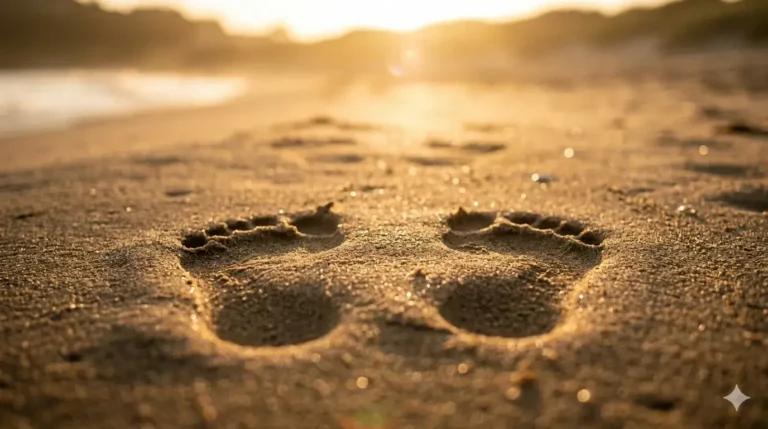Voetstappen langs het strand in zacht licht, symbool voor aanwezig zijn zonder iets te hoeven bereiken