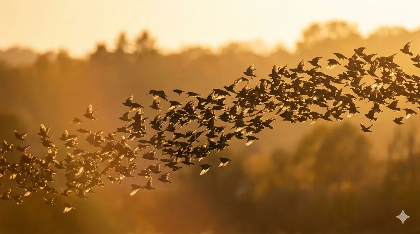 Zwerm vogels in de lucht bij zonsondergang, symbool voor meebewegen en afstemmen zonder stil te staan bij jezelf