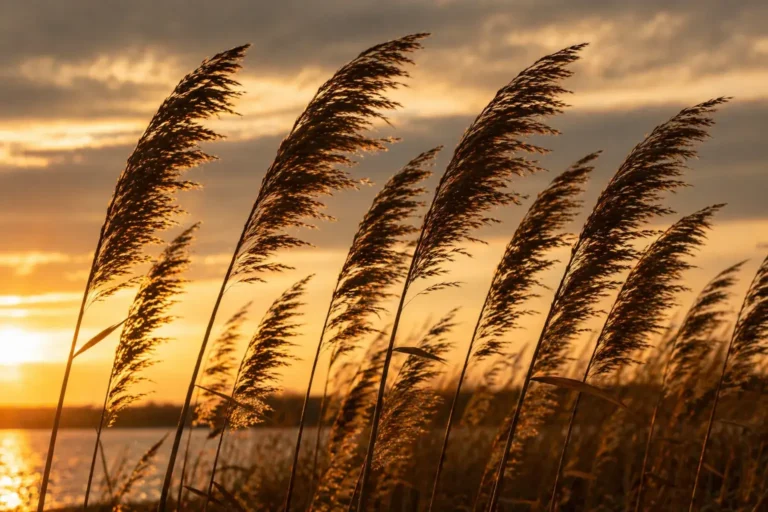 Rietpluimen in de wind bij zonsondergang, symbool voor verstilling, herhaling en het opnieuw voelen van betekenis in het moment