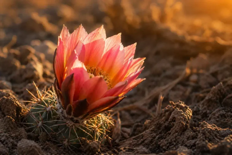 Bloem die opent in warm zonlicht op droge grond, symbool voor openen, voelen en weer in contact komen met jezelf