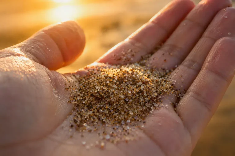 Zand dat langzaam uit een open hand glijdt als symbool voor loslaten en controle